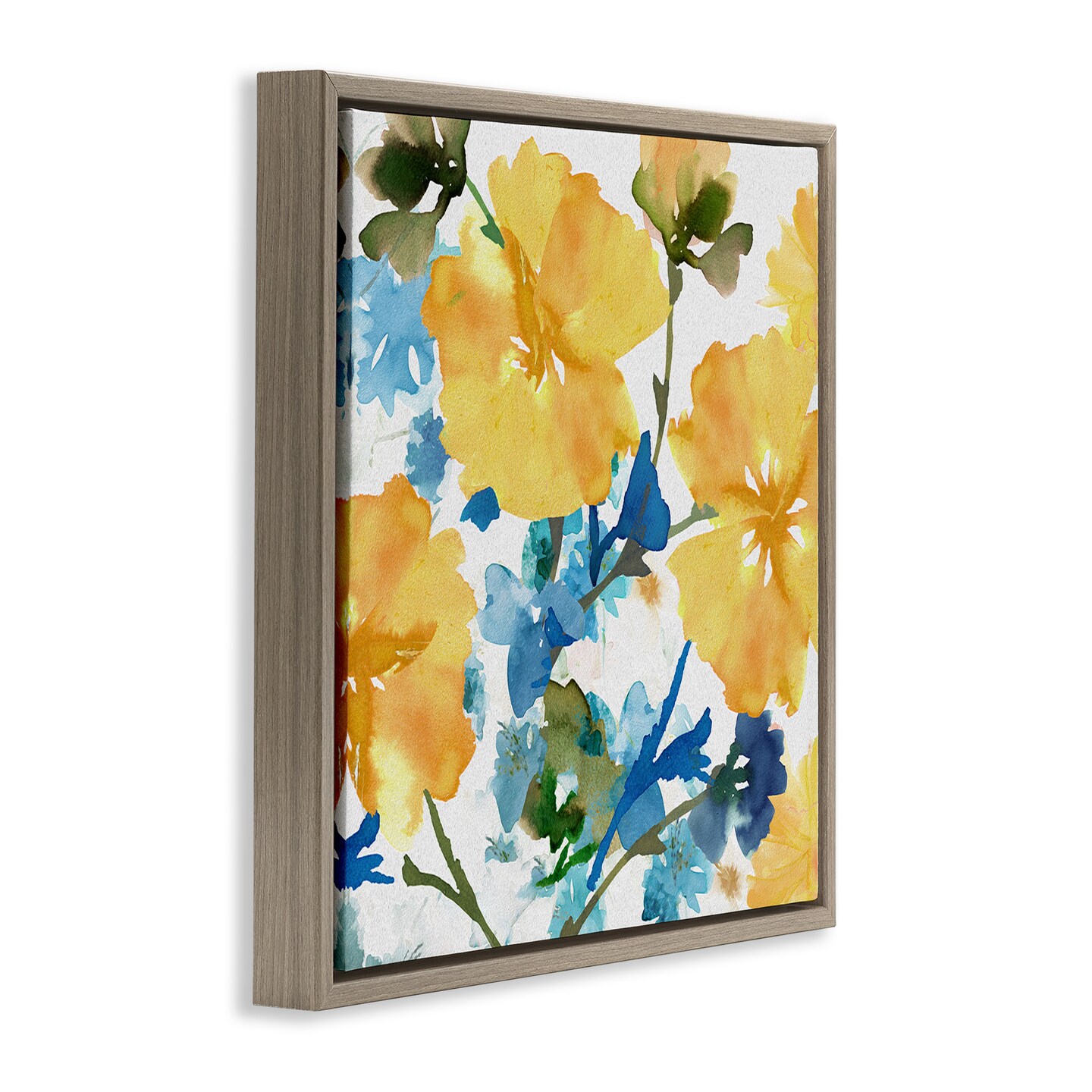 Stupell Industries Yellow & Blue Hibiscus Framed Floater Canvas Wall Art