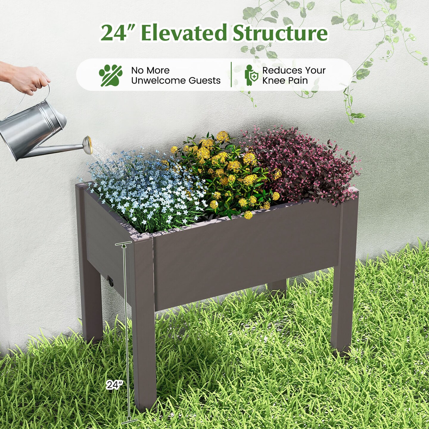Costway Raised Garden Bed with Water Level Indicator Drainage Hole for Vegetables Outdoor Coffee/Greyish-white