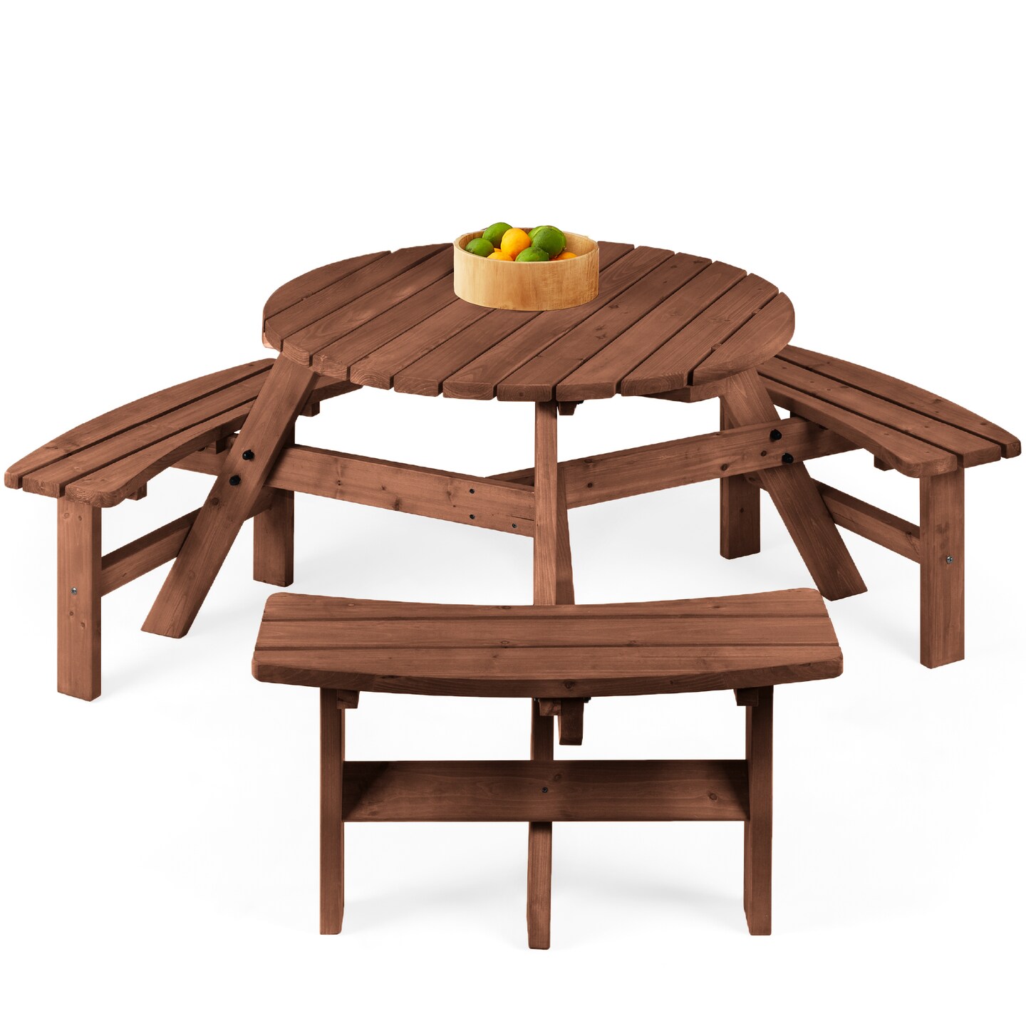 Best Choice Products 6-Person Circular Outdoor Wooden Picnic Table w/ 3 Built-In Benches, Umbrella Hole