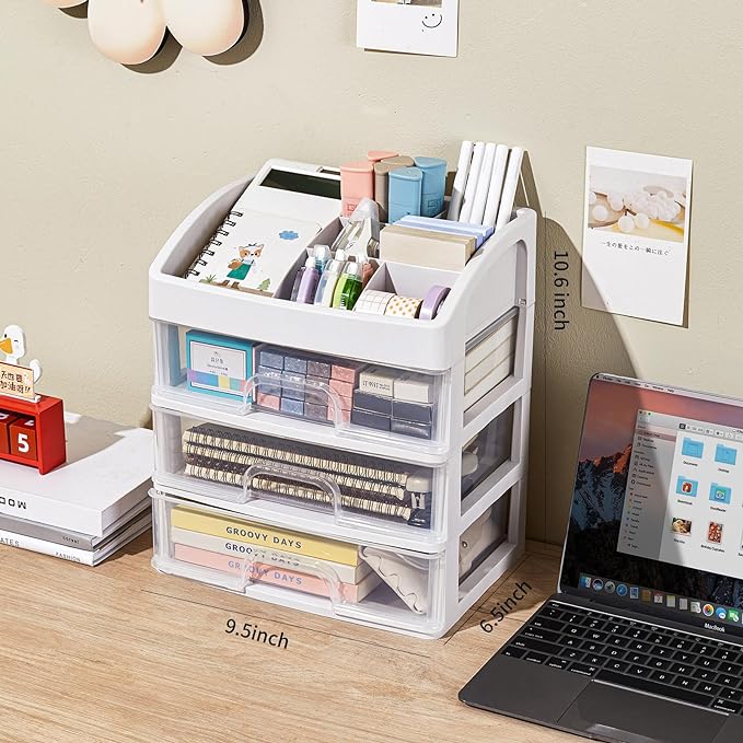 Desk Organizer with Drawers: 3 Drawer Storage Organizer, Desktop Storage Drawers for Office Supplies, Plastic Stationary Organizer, Makeup Organizer, Desk Storage Box for Office, School, and Home