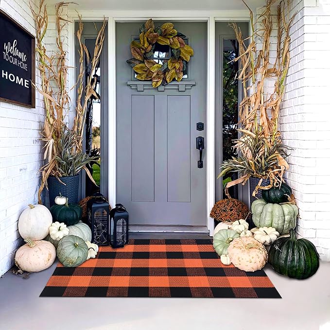 Orange and Black Plaid Rug, 28&#x22; x 43&#x22; Fall Outdoor Front Door Decor Mat, Cotton Washable Hand-Woven Rug for Layered Doormat, Autumn Halloween Thanksgiving Carpet for Porch or Entryway