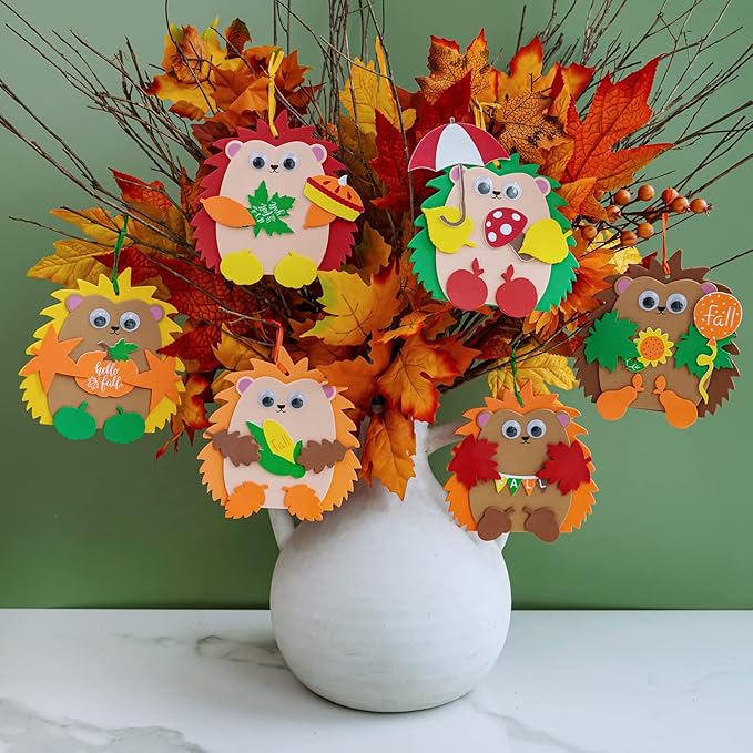 Fall Craft Kits, 24 Sets DIY Fall Hedgehog Ornaments and Decorations Art Sets Autumn Maple Leaf Pumpkin Foam Stickers. Googly eyes for kids. Thanksgiving Halloween Classroom Activities Party Favors
