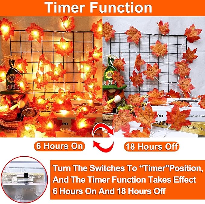 [Timer &#x26; 3-Pack] 30ft Fall Garland Fall Decorations for Home 60 LED Leafed Lights Patented Realistic Maples Leafed Battery Operated Autumn Fall Decor Thanksgiving Halloween Indoor Outdoor