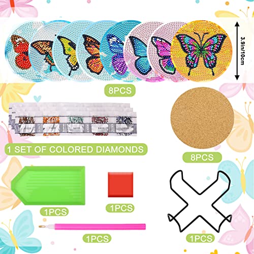 8 PCS Diamond Painting Coasters for Drinks - DIY Life Coaster Kits, Diamond Art for Adults, Kids, and Beginners, Includes Butterfly Design Craft Supplies