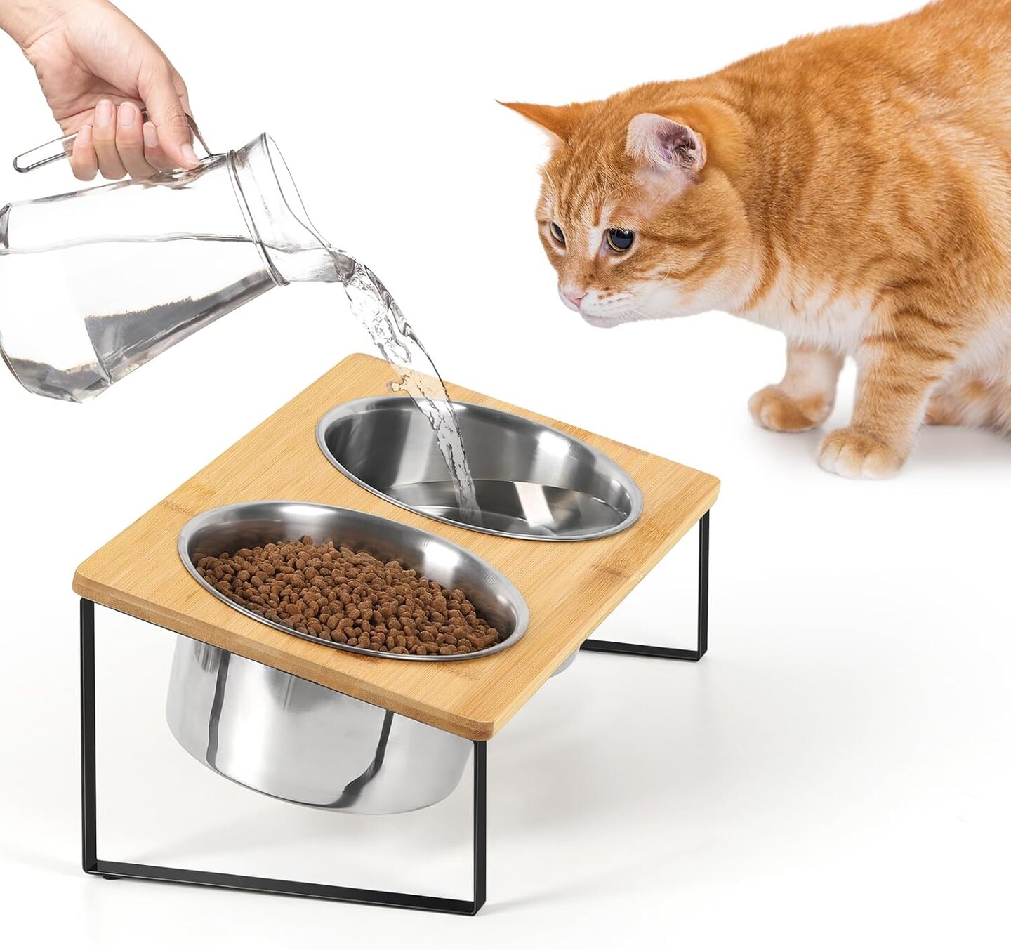 Dog Bowls Stand Bamboo Raised Dog Bowl with 2 Stainless Steel Food Water Bowls Set Food Feeding Dishes for Indoor Cat and Large Medium Dogs
