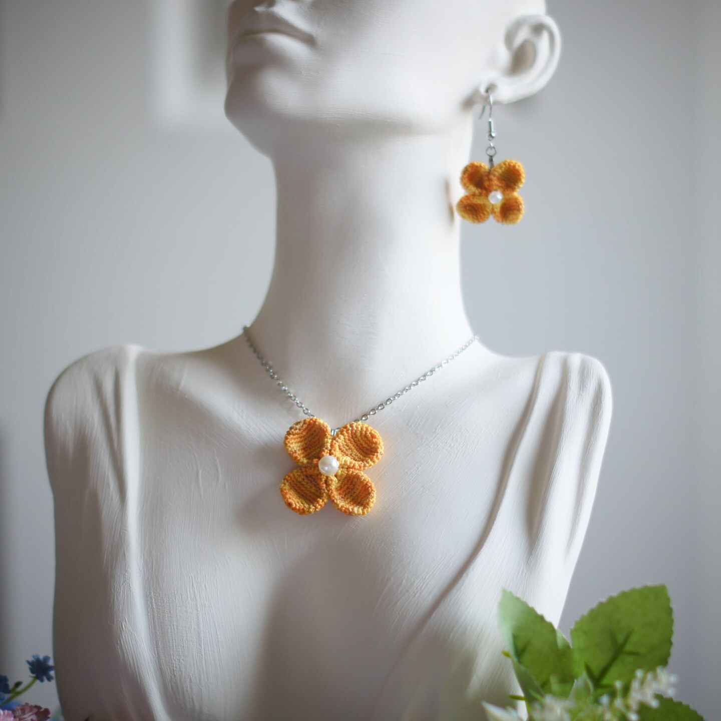 Yellow Crochet Flower Necklace and Earrings with Stainless Steel