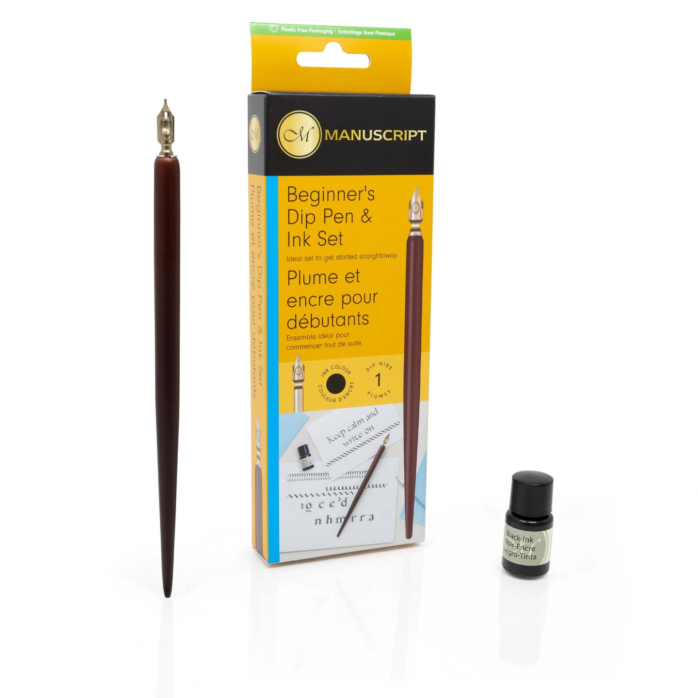 Manuscript Beginner's Dip Pen & Ink Set-Round Hand W/Holder & Black Ink