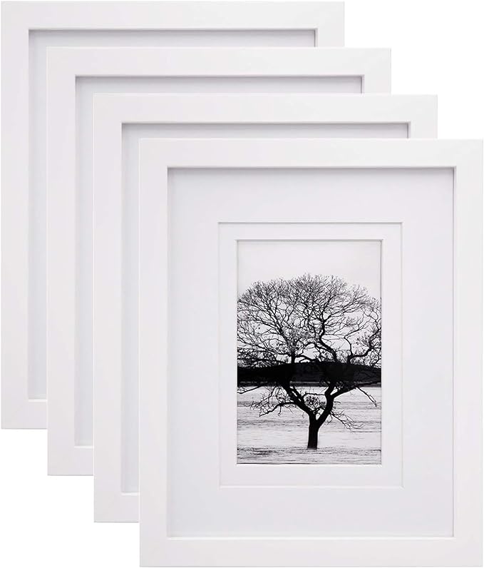 8x10 Picture Frames Set of 4, Made of Solid Wood Covered by Plexiglass 4x6 and 5x7 with Mat or 8x10&#x27; without Mat, for Table Top Display and Wall Mounting Photo Frame in White