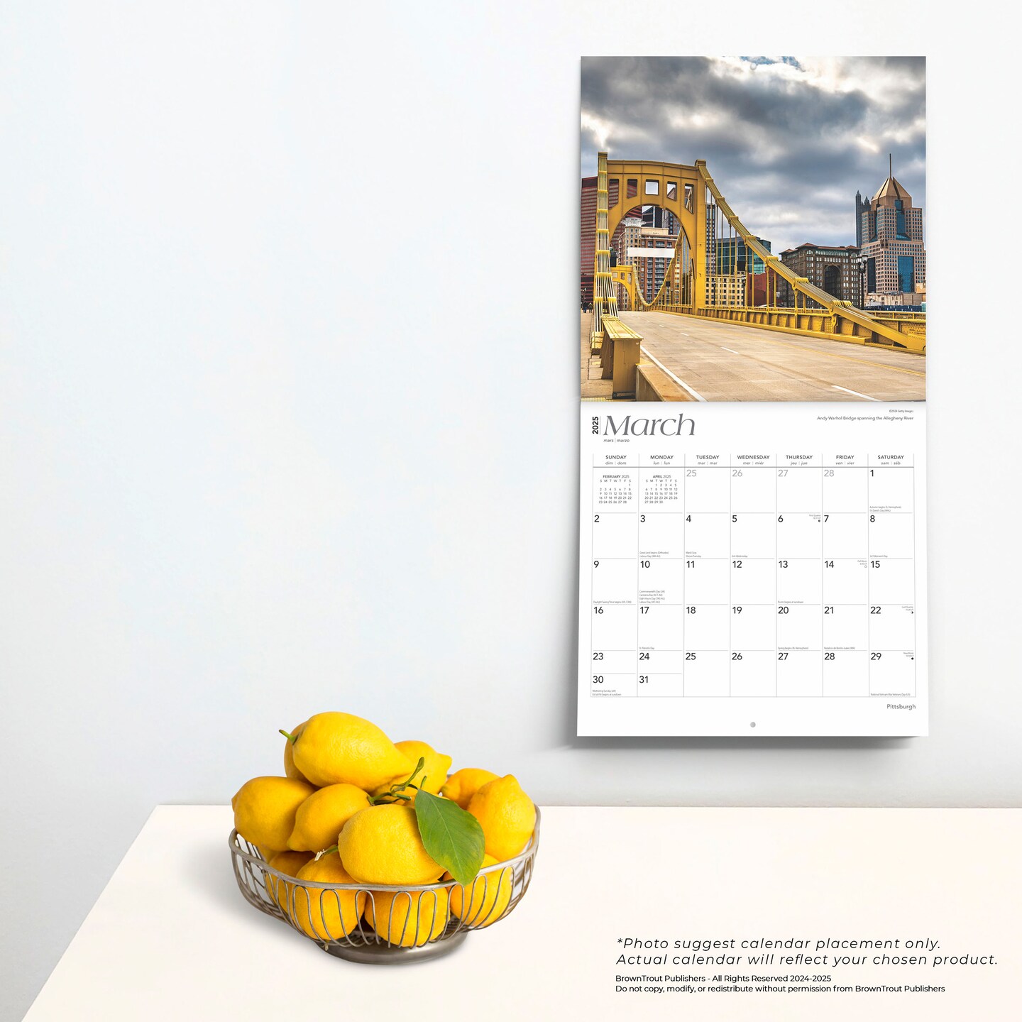 Pittsburgh | 2025 12 x 24 Inch Monthly Square Wall Calendar | Plastic-Free | BrownTrout | USA United States of America Pennsylvania Northeast City