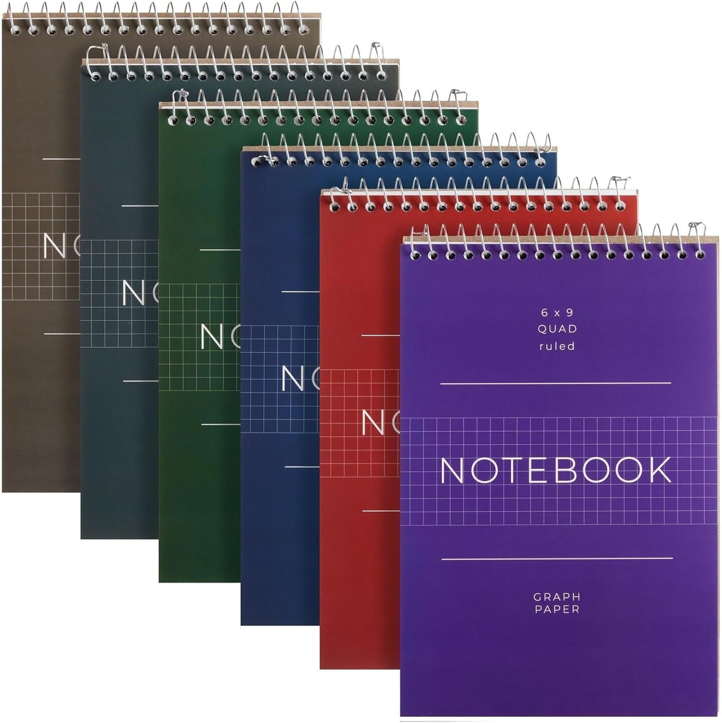 6 Pack Quad Ruled 6X9 Inch Top Bound Spiral Graph Paper Notebook - 80 Sheets / 160 Writable Page Steno Notepads for Writing, Sketching, Drawing, School Supplies (6 Colors)