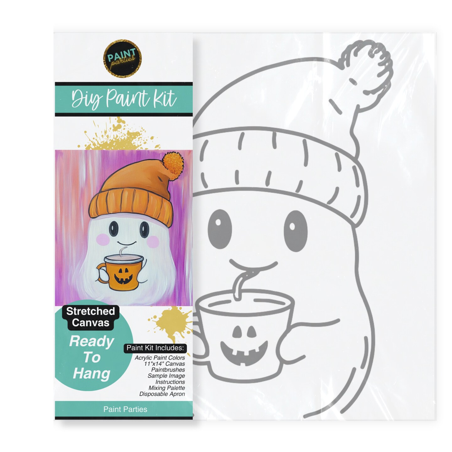 "Pumpkin Cup Ghost" DIY Canvas Art Kit, Adult Beginner, Acrylic Paint Size 11x14 inch