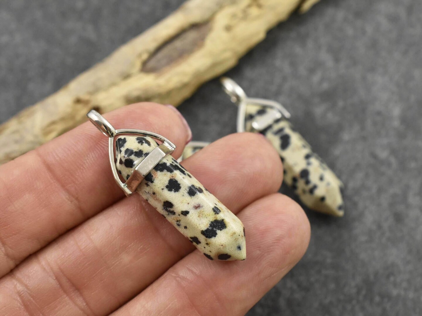 40mm Platinum Tone Natural Dalmation Jasper Double Terminated Bullet Pendant