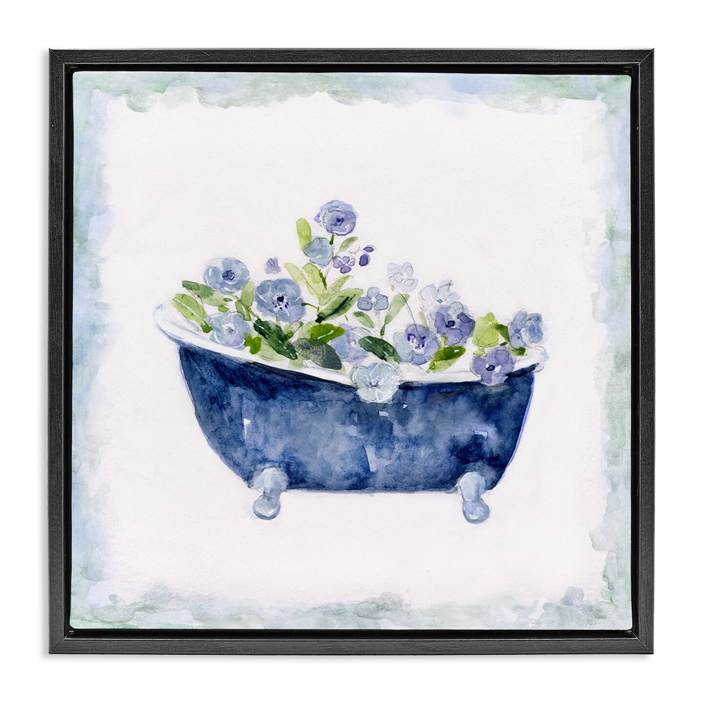 Stupell Industries Charming Blue Bathtub Florals Framed Floater Canvas Wall Art