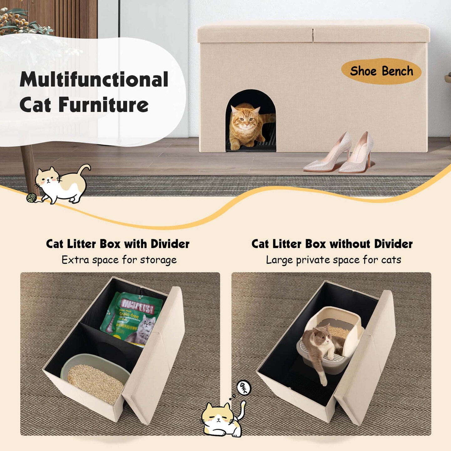 Costway Cat Litter Box Enclosure Hidden Furniture Cat Washroom Shoe Storage Bench Beige/Grey