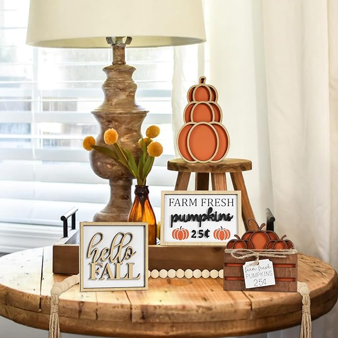 Fall Decor, 5PCS Fall Decorations for Home. Hello fall, stacked pumpkin, farm fresh, pumpkin crate, bead garland, fall tiered tray decor, rustic fall tabletop decor.