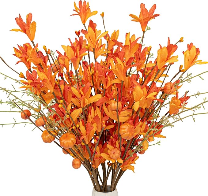 Artificial Fall Flowers 12 Pack: Fall Floral Picks with Pumpkins and Berries 17-inch Orange Forsythia Stems for Autumn Flower Arrangements Home Thanksgiving Decorations