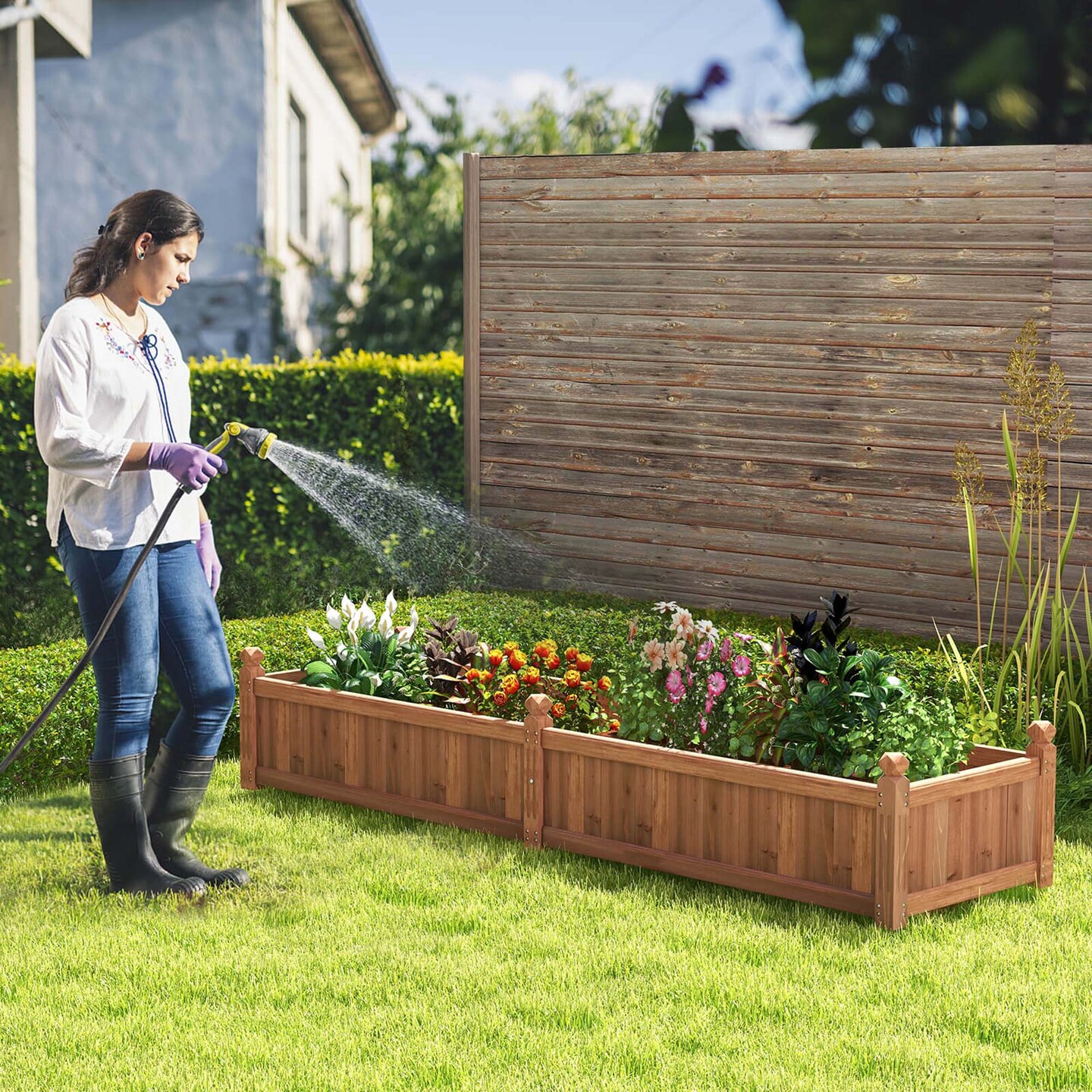 Costway Wooden Raised Garden Bed Outdoor Rectangular Planter Box with Drainage Holes