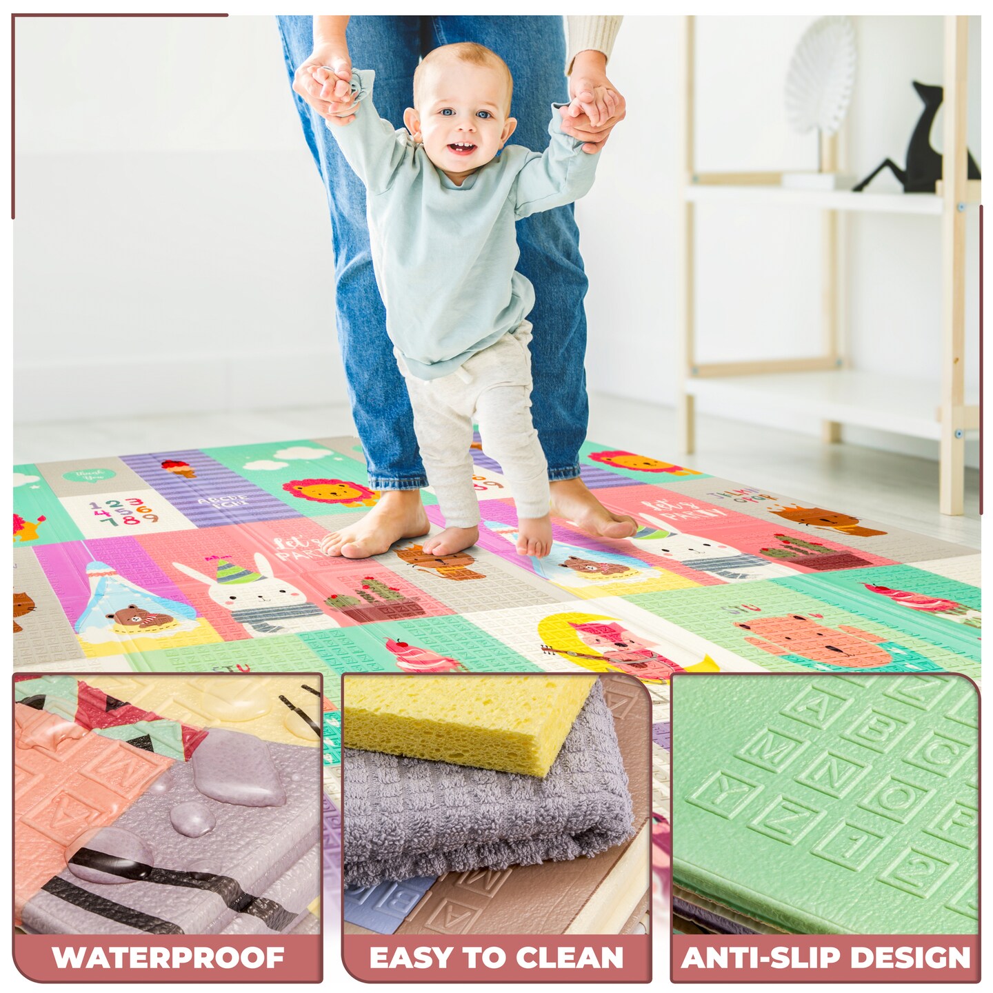 Sorbus Foldable Baby Play Mat, Kids Foam Mats with Travel Bag - Waterproof Tummy Time and Playtime Mats for Babies, Toddlers, and Kids (Safari Party)