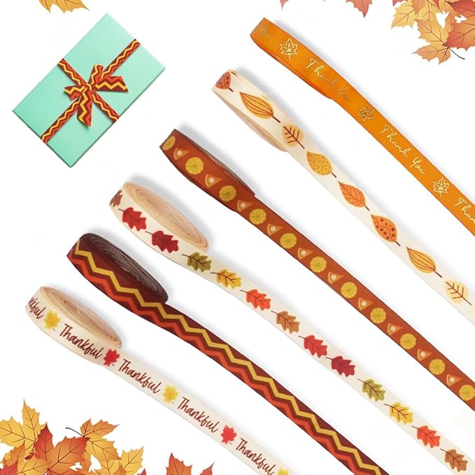 6 rolls 30 yards of fall ribbons, autumn harvest ribbons, wave polyester satin ribbon. Thanksgiving Pumpkin Maple Leaf Orange Ribbon 3/8" Wide for Gift Wrapping DIY Projects Fall Thanksgiving Decor