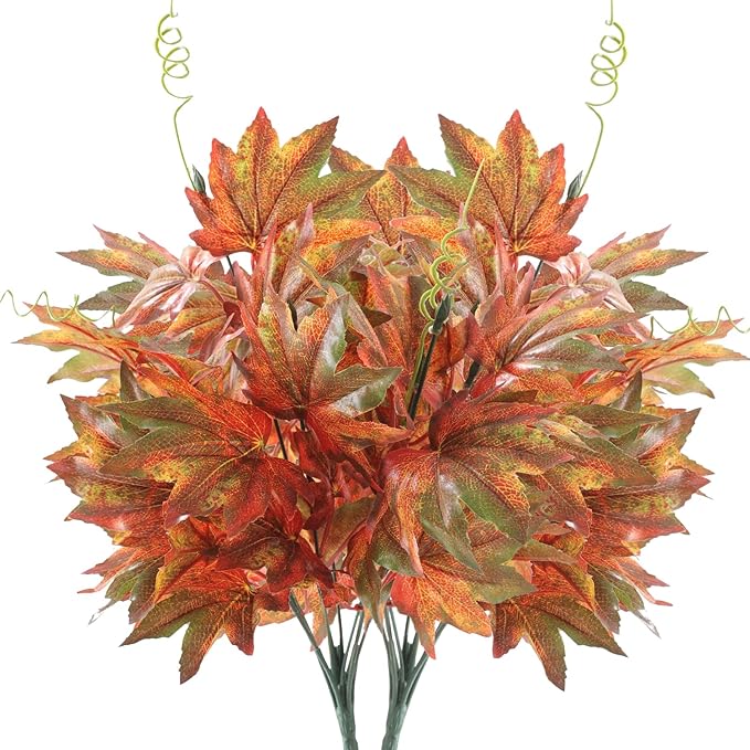 2 Artificial Silk Maple Leaf Shrubs Fake Fall Bushes Autumn Faux Plants with Stem for Indoor Outdoor Home Kitchen Wedding Thanksgiving Decor.