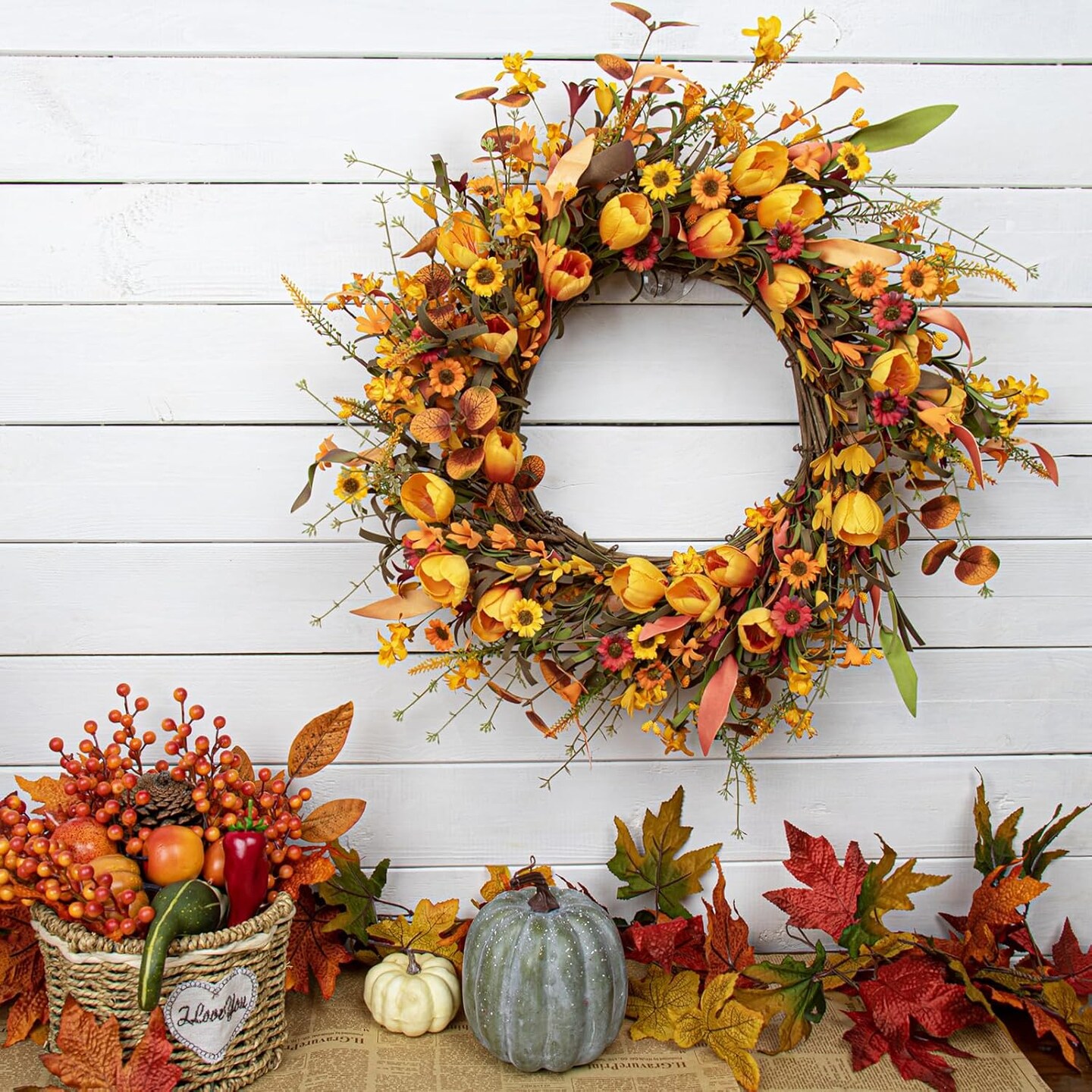 Fall Wreath 22 Inch Outdoor Front Door Artificial Autumn Wreath with Orange Tulip and Various Wildflowers for Thanksgiving Home Holiday Decorations