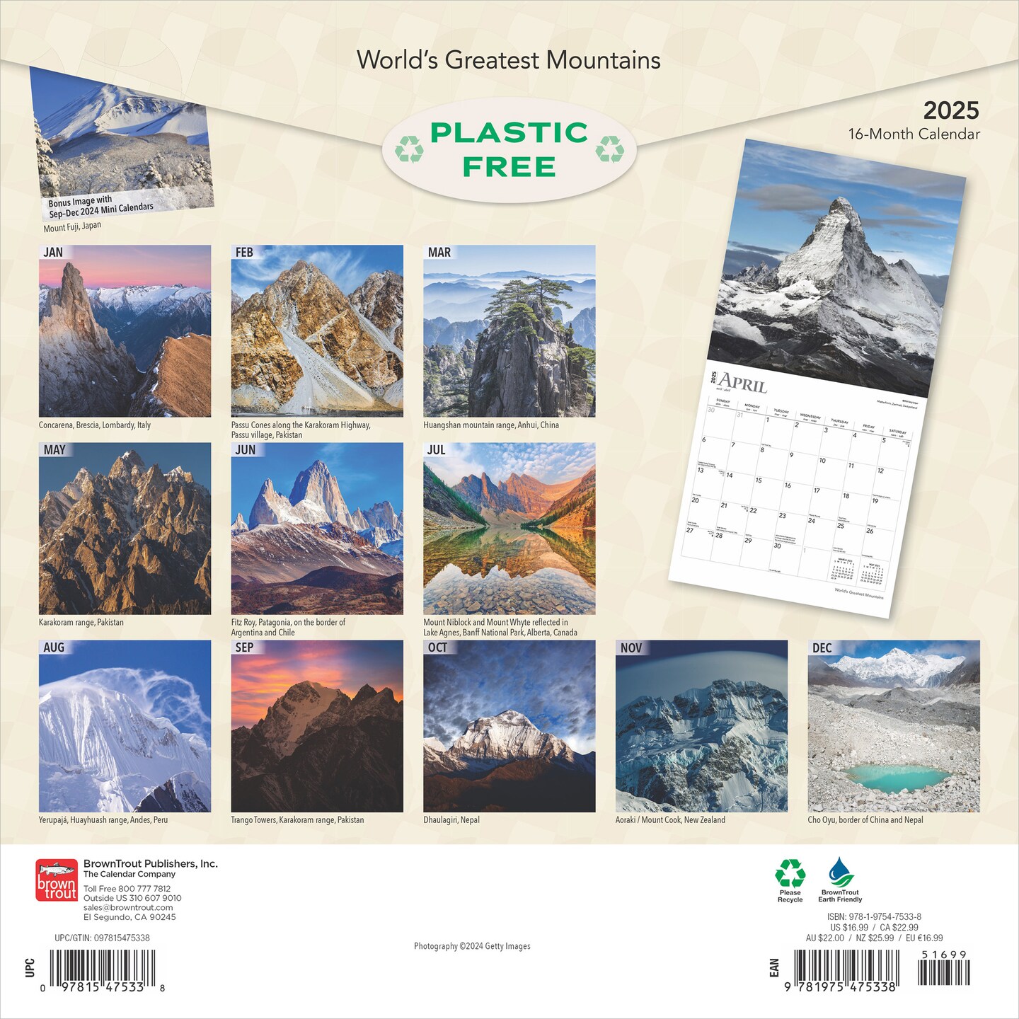 World&#x27;s Greatest Mountains | 2025 12 x 24 Inch Monthly Square Wall Calendar | Foil Stamped Cover | Plastic-Free | BrownTrout | Scenic Nature Photography