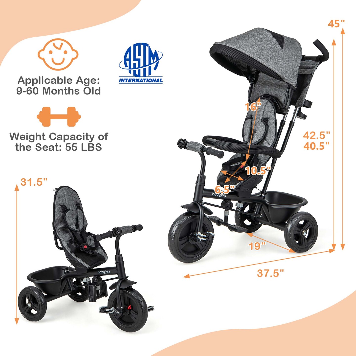 Babyjoy 4-in-1 Multifunctional Tricycle Kids Trike with Removable Canopy &#x26; Push Handle Black/Gray/Pink