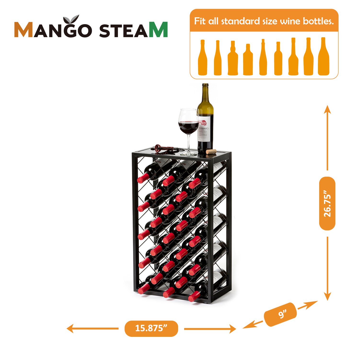 Mango Steam 23 Bottle Black Wine Rack with Glass Top Shelf