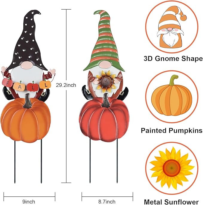 Fall Decorations for Home Outdoor, 2 Pieces Metal Gnome Decorative Garden Stakes with Pumpkins for Fall Decor, Yard Signs for Garden, Home, Lawn, Patio, Thanksgiving Decorations