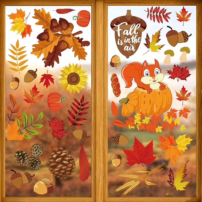 Autumn Window Clings for Glass Thanksgiving Clings for Windows Autumn Clings for Windows Fall Window Stickers Thanksgiving Autumn Home Office Decorations for Indoor and Outdoor Use, School Home Supplies