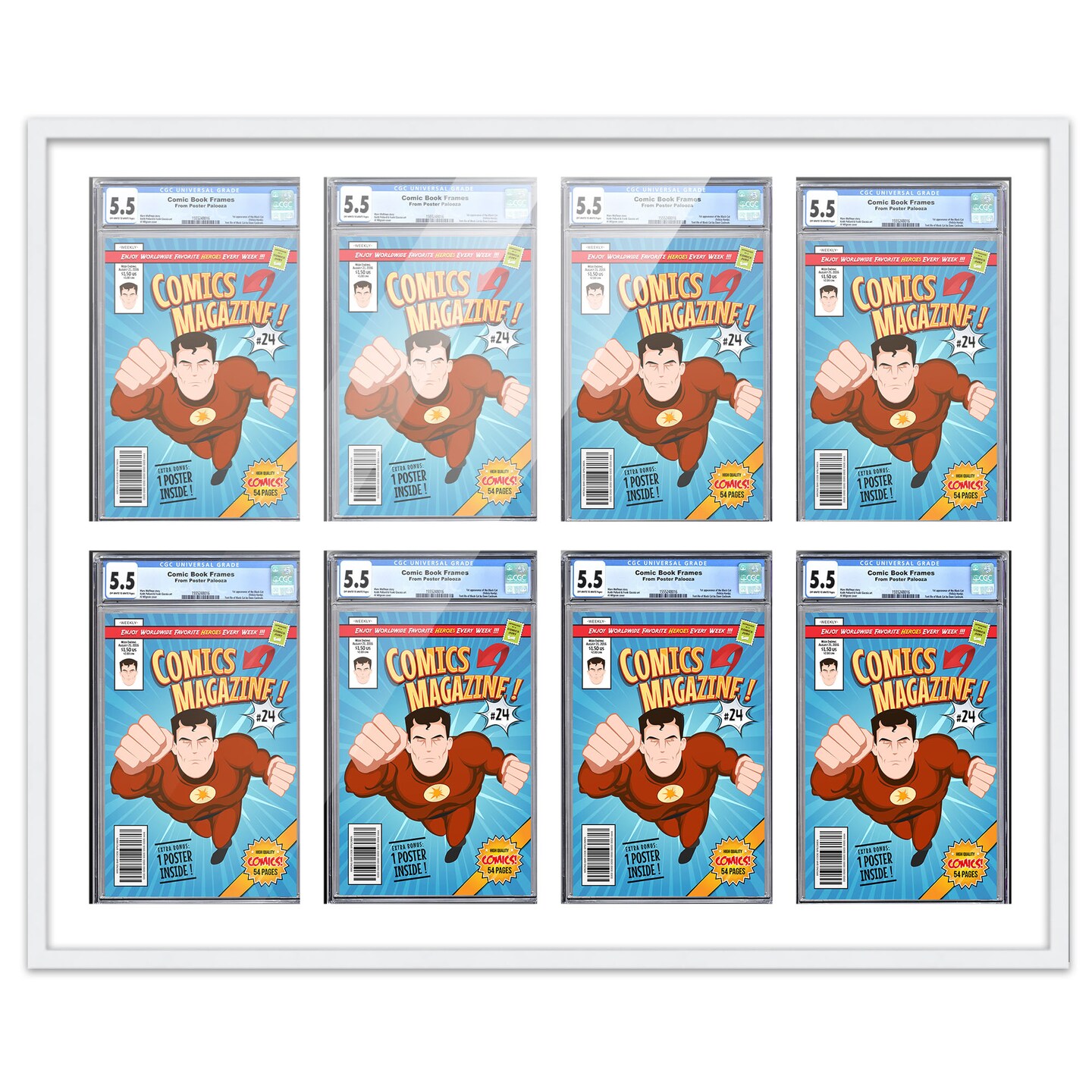 Comic Book Display Frame for Graded Comics - White Wood Comic Frame With White Mat for 8.125x13 Comics, 18 Frame Sizes
