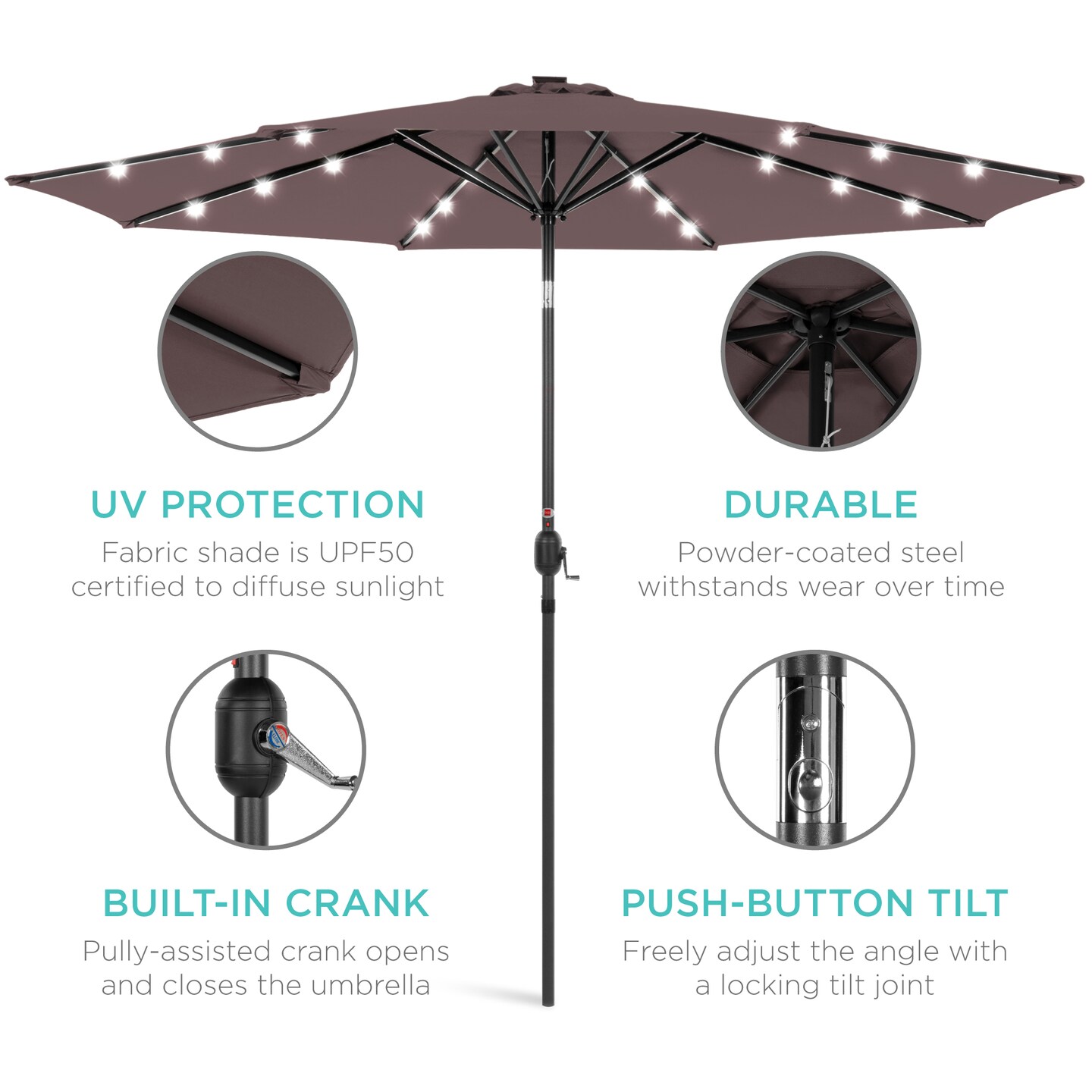 Best Choice Products 10ft Solar LED Lighted Patio Umbrella w/ Tilt Adjustment, UV-Resistant Fabric