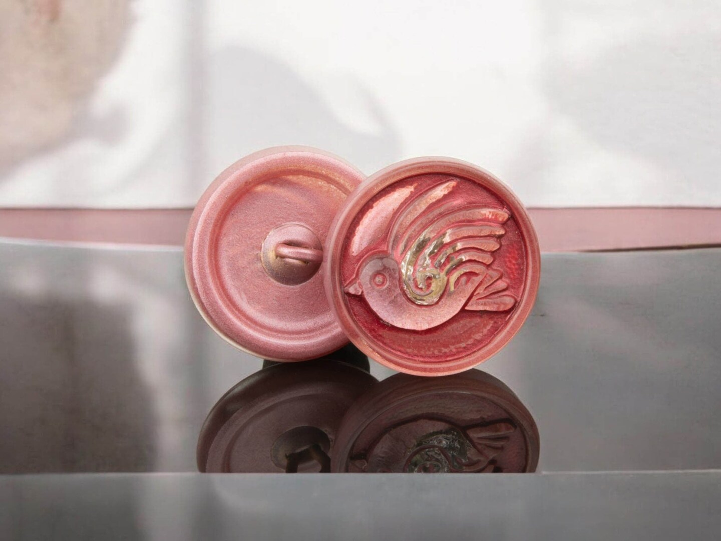 18mm Round Bird Design Button - Tourmaline Pink with Pink Wash -- Czech Glass Buttons