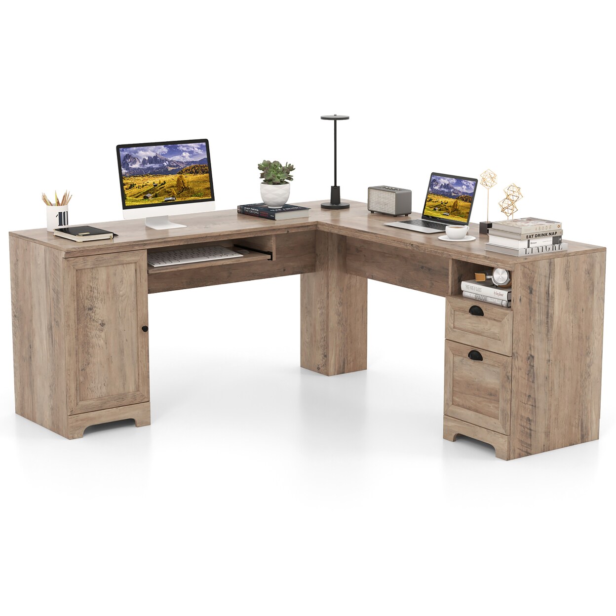 66 Inch L-Shaped Computer Desk Spacious Corner Desk W/ Drawers And Cabinet