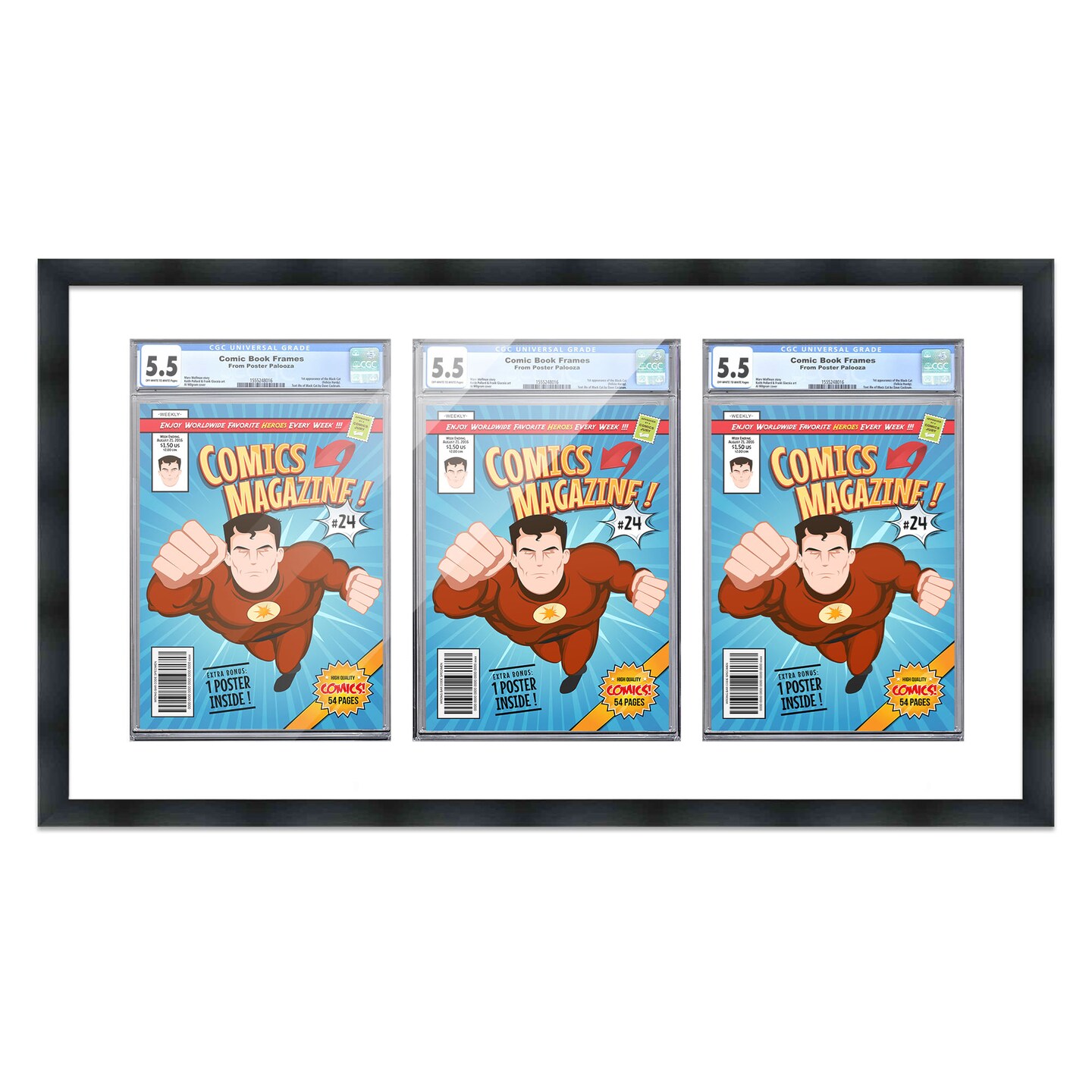 Comic Book Display Frame for CGC, PGX Graded, Slabed Comics - Black Wood Comic Frame With White Mat for 8.125x13 Comics, 18 Frame Sizes