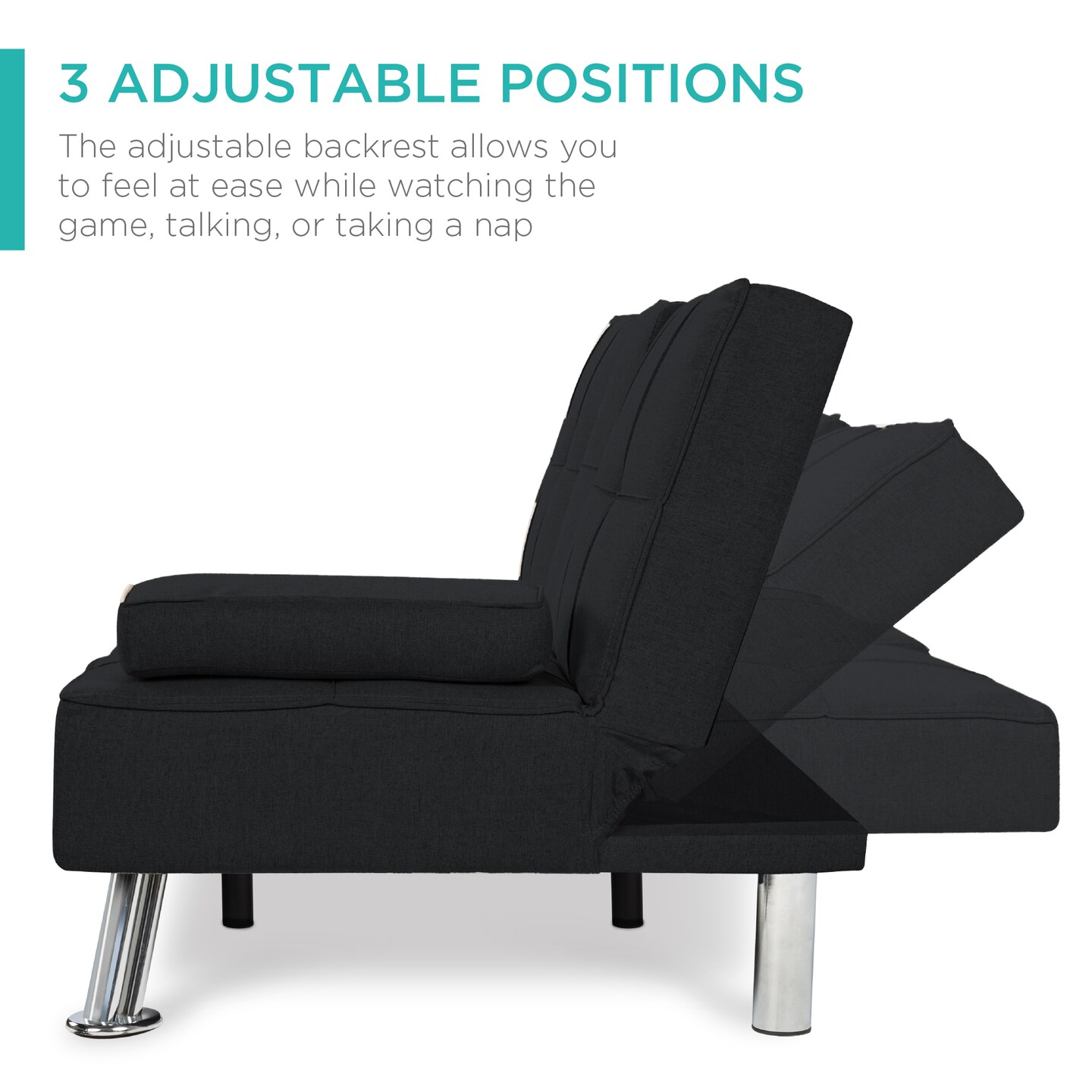 Best Choice Products Modern Linen Convertible Futon Sofa Bed w/ Removable Armrests, Metal Legs, Cupholders