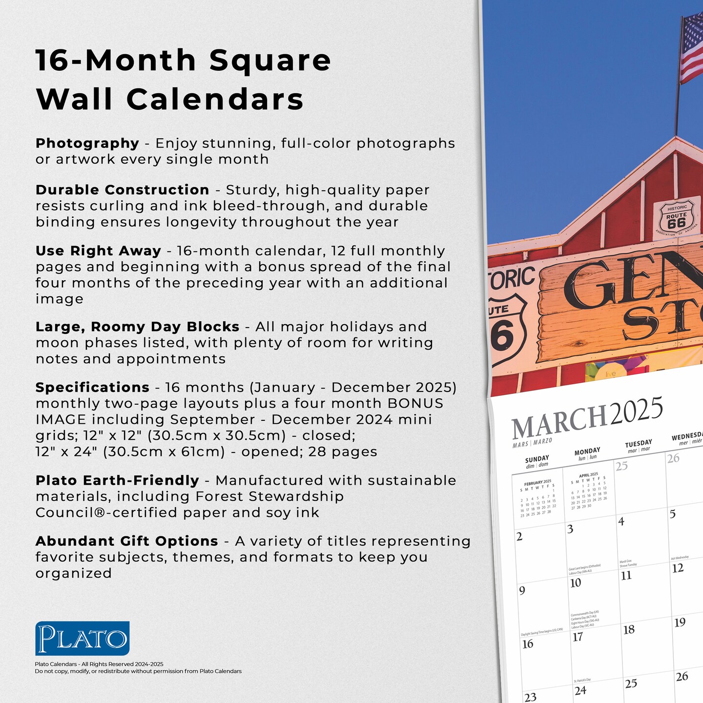 America&#x27;s Flag | 2025 12 x 24 Inch Monthly Square Wall Calendar | Foil Stamped Cover | Plato | USA United States of America