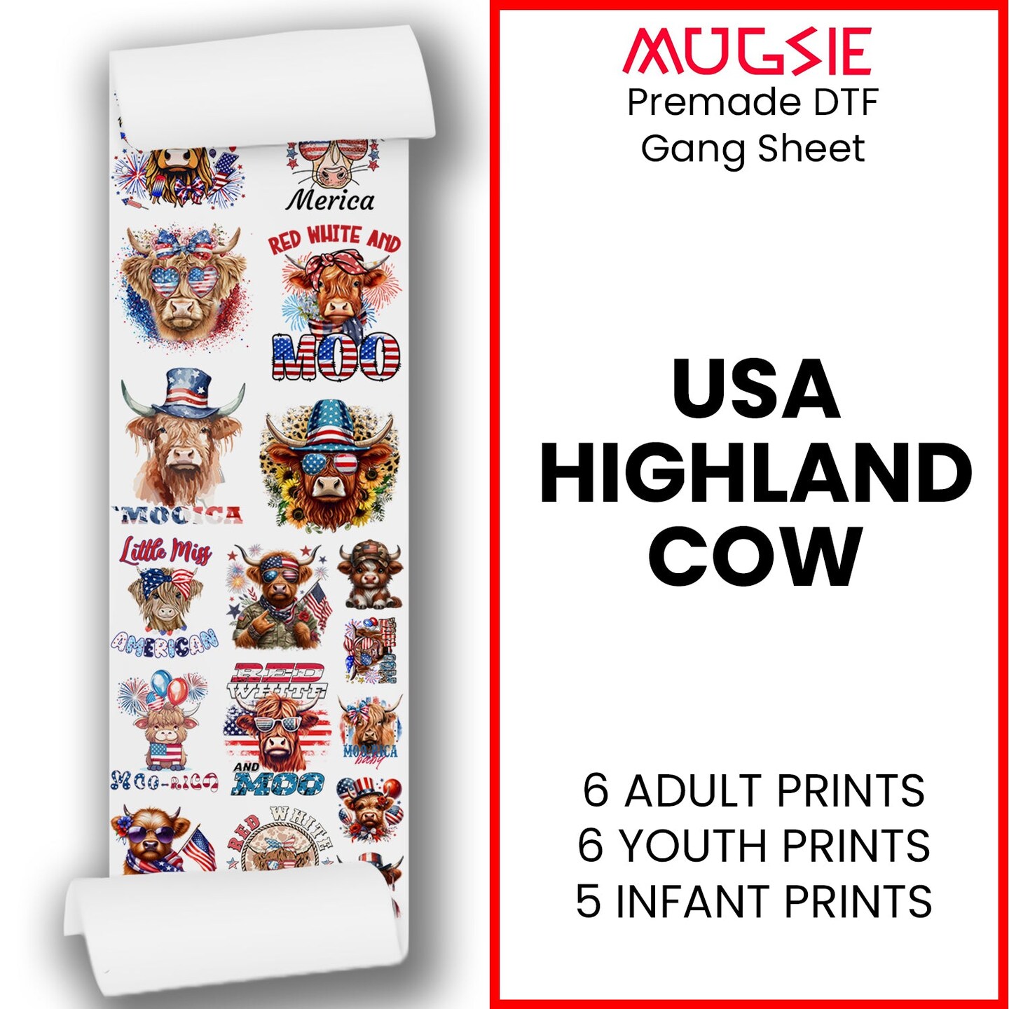 USA Highland Cow DTF Transfer Gang Sheets - 22x60 Direct-to-Film