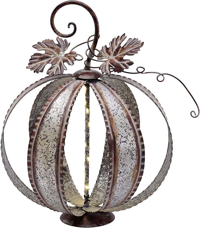 Outdoor Fall Pumpkin Decor: Large Lighted Metal Silvery Pumpkin for Home, Autumn Harvest Halloween Pumpkin for Garden Decor, Yard Decoration for Porch Patio, Thanksgiving Gift, 15.4&#x22;