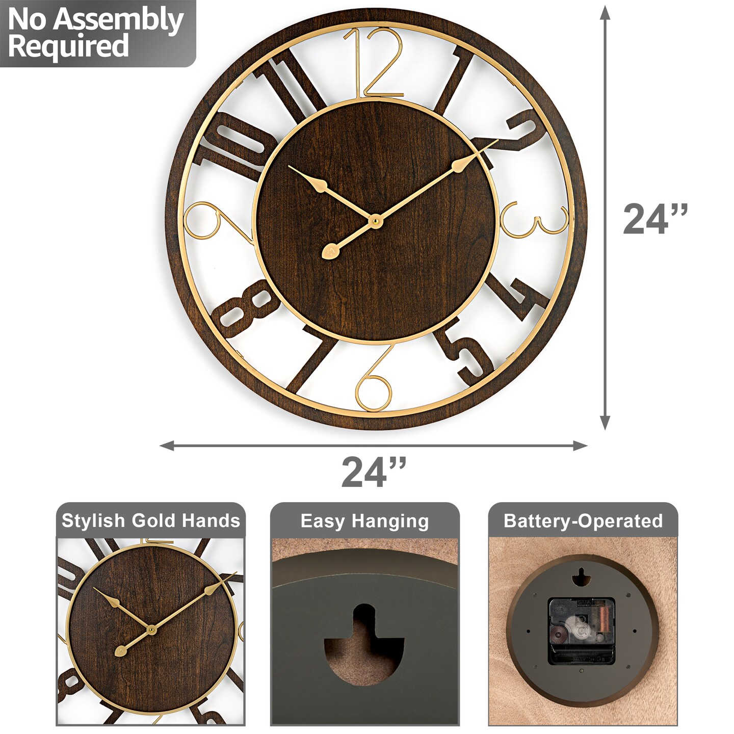 Sorbus Wooden Modern Wall Clock - Large 24-Inch Wall Clock - Battery Operated Analog  for Living Room and Kitchen D&#xE9;cor