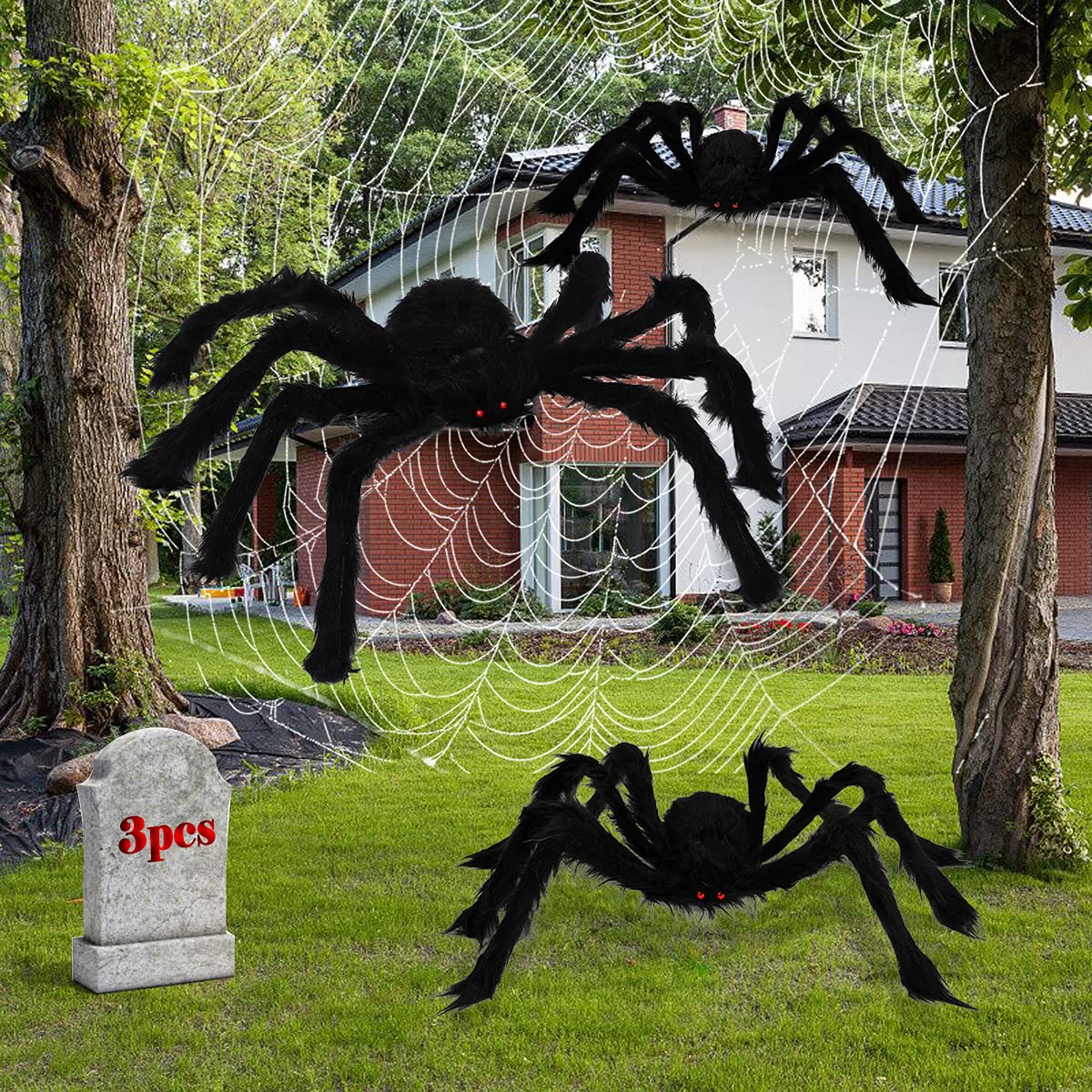 3 Pieces Halloween Hairy Spider Set,Realistic Giant Scary Spider Props Decoration with Spider Web for Indoor and Outdoor Decoration (50&#x201D;,35&#x201D;, 30&#x201D;)