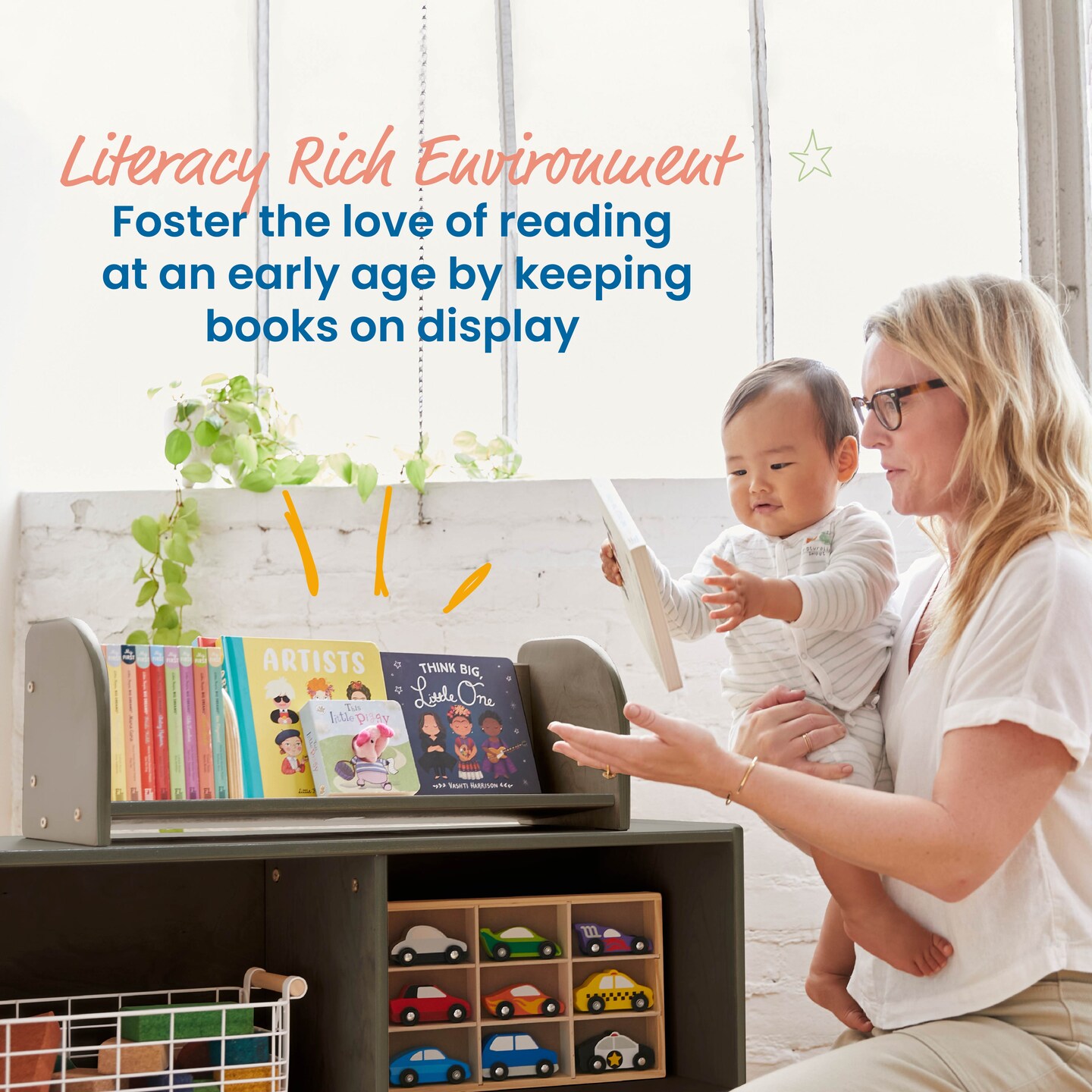 Tabletop Book Display, Library Storage Organizer with Adjustable Book Stop