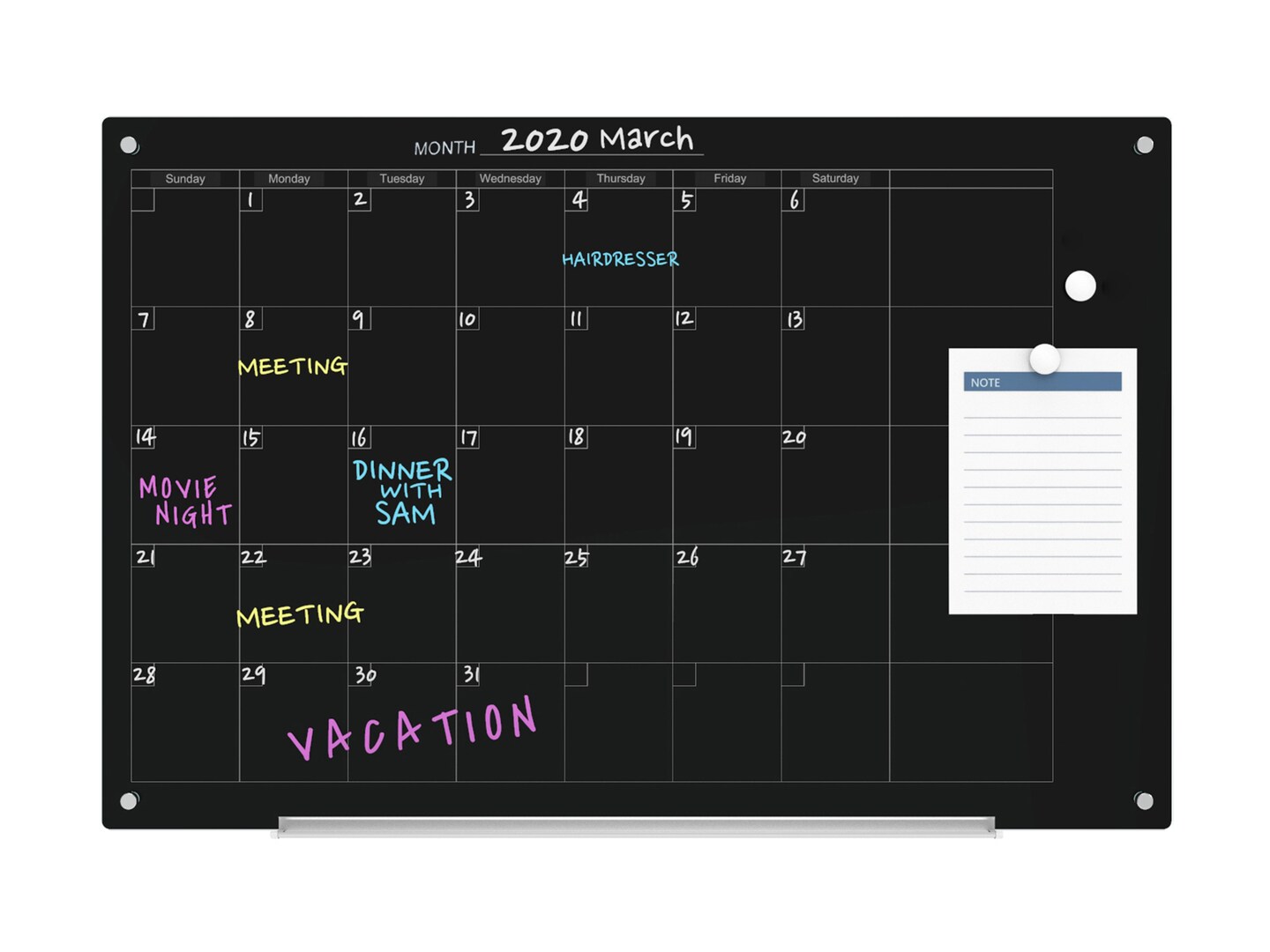 Audio-Visual Direct Magnetic Black Calendar Glass Dry Erase Board Set - Monthly Planner