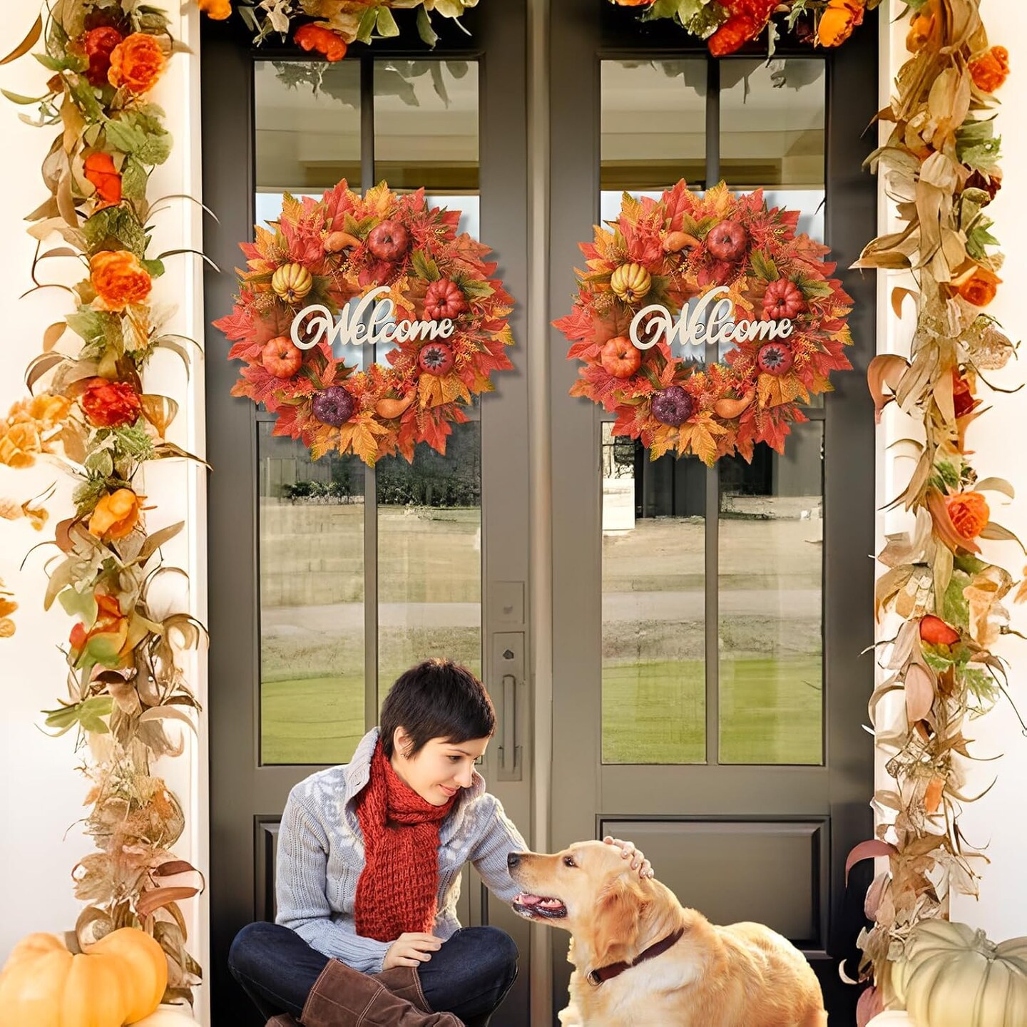 Fall Wreath - Decor Fall Wreaths for Front Doors, 20 Inch Handcrafted Autumn Wreath with Full Harvest Pumpkins and Maple Leaves, Fall Wreath Outdoor Indoor Decorations Thanksgiving Decor
