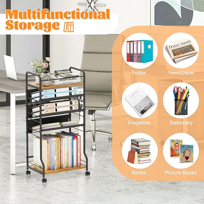 5 Tier Rolling File Cart, Mobile Book Cart with Wheels, Metal Wood Movable Bookshelf Tableside Office Cart Paper Storage File Organizer for Homeschool Teacher (Black)