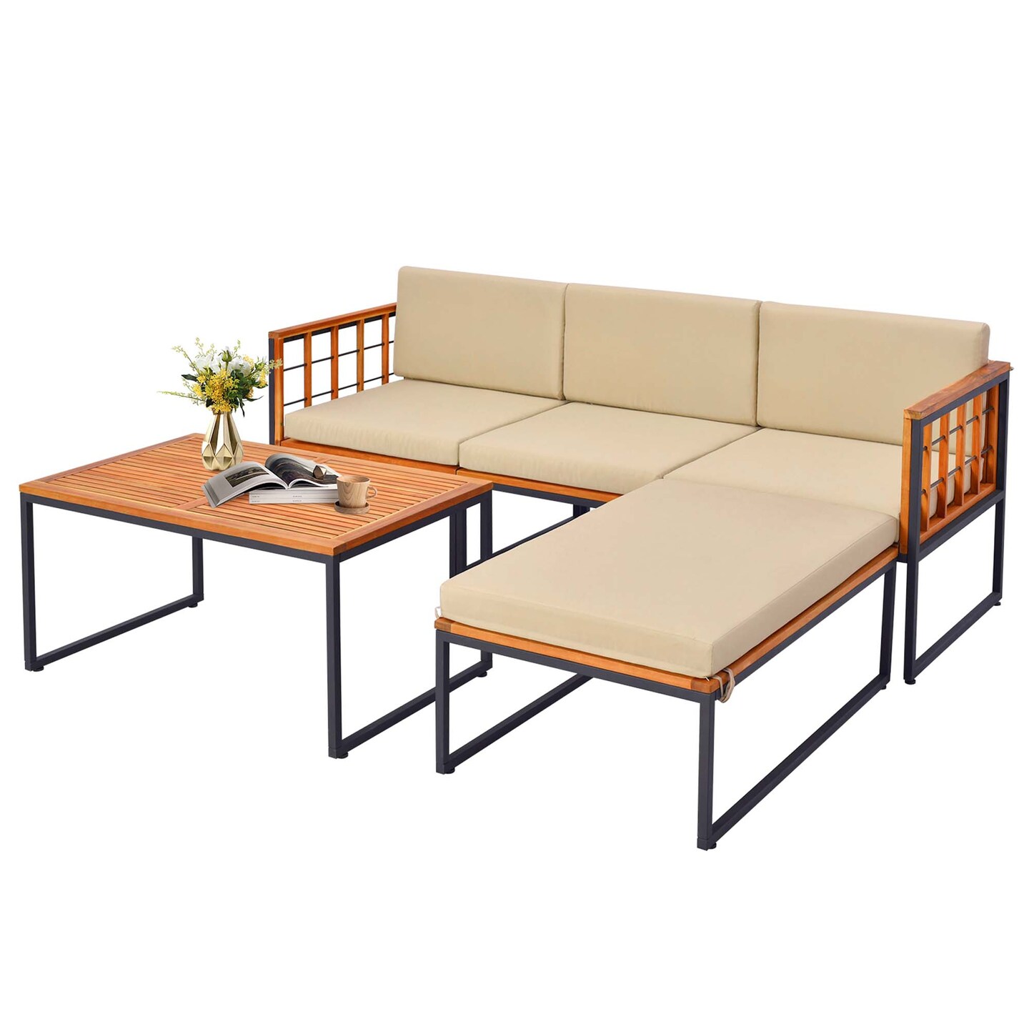 Costway 5 PCS Patio Furniture Set Acacia Wood Sectional Set with Seat & Back Cushions