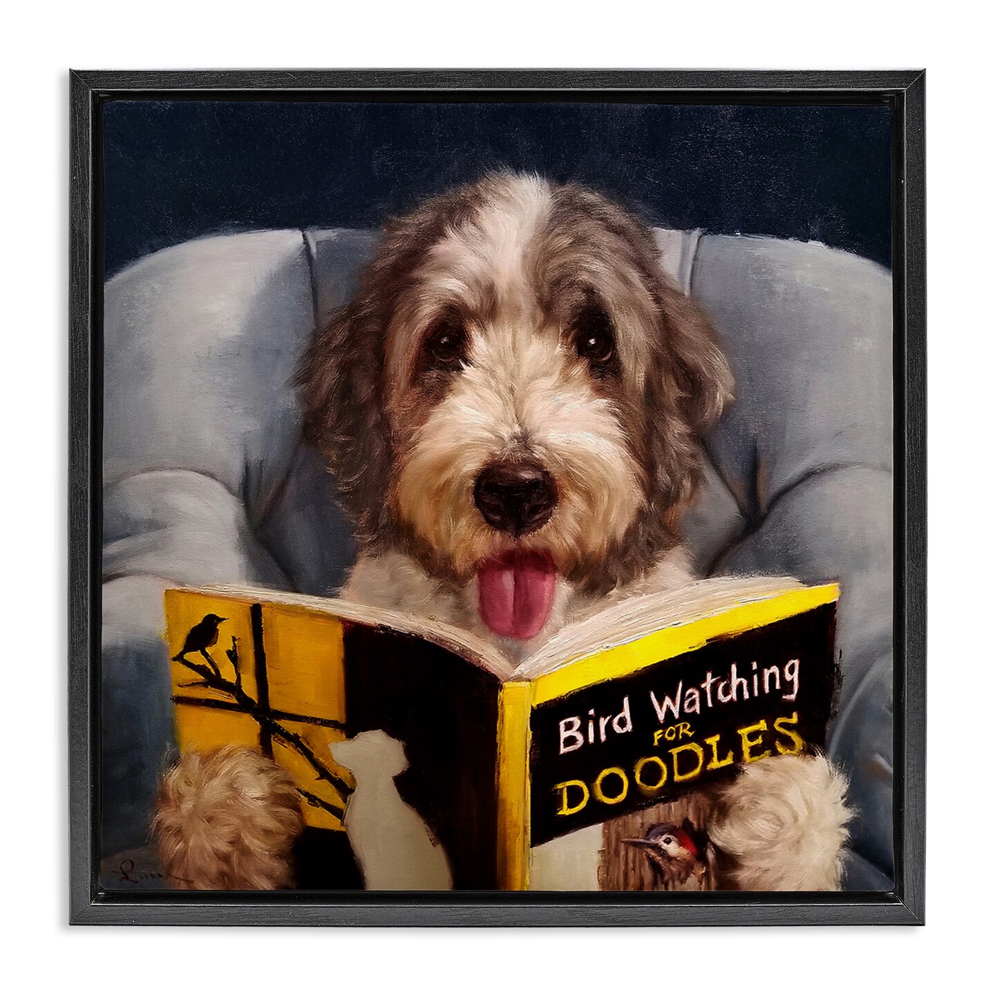 Stupell Industries Dog with Bird Watching Book Framed Floater Canvas Wall Art