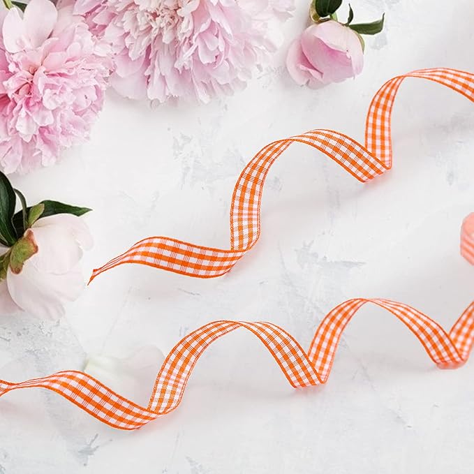 Reddish-Orange Gingham Ribbon, 3/8 x 50 Yard Picnic Craft Ribbon. Reddish-Orange Plaid Ribbons for Hair Accessories Craft and Easter Gift Wrapping Ribbons, Check Ribbons for Baby Shower