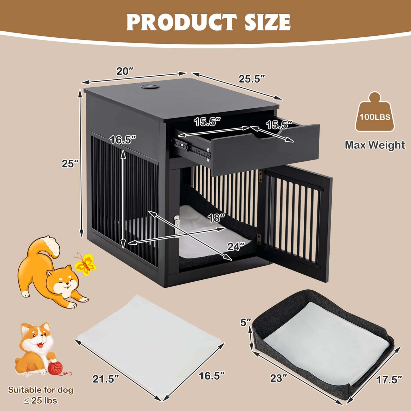 Costway 2-In-1 Furniture Dog Crate with Drawer Wired &#x26; Wireless Charging Side End Table Black/White/Rustic Brown