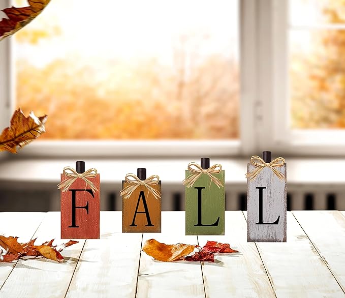 Fall Decorations for Home Thanksgiving signs Harvest Fall Autumn Home Decor with Vintage Farmhouse Block Sign on Wooden Table